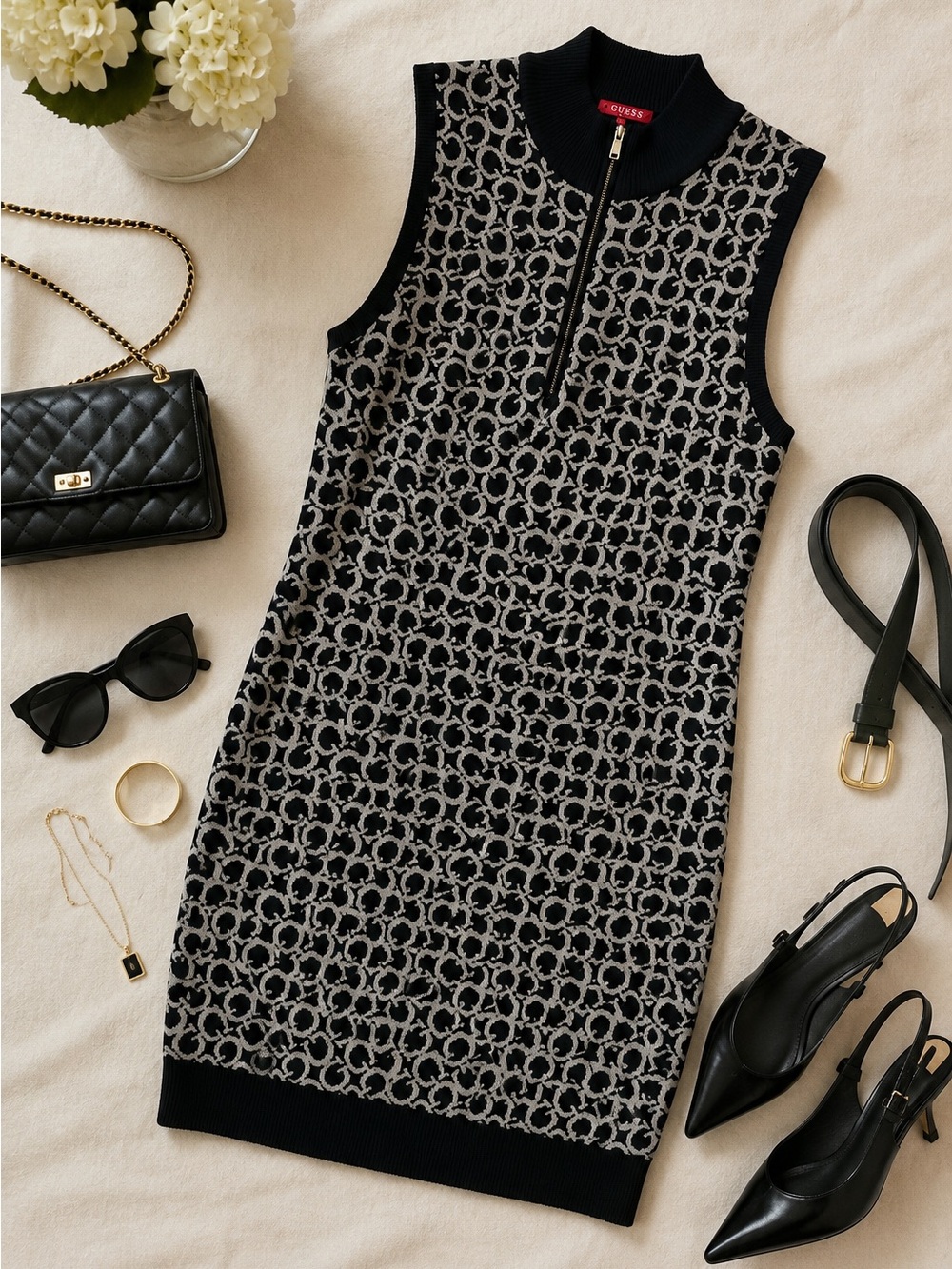 GUESS Bodycon Midi Dress Knit Size XL B&W Classy Quiet Luxury Sexy Career Office
